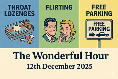 Cartoon montage featuring throat lozenges, flirting, free parking, American accents, spag bol, tree houses, instant sleep, turning 50, and bullfighter