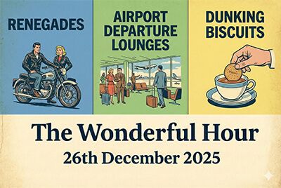 Cartoon montage featuring renegades, airport lounges, dunking biscuits, breathing sounds, Christmas trees, family gatherings, lights, Ali, Best, grandfather, and self-improvement