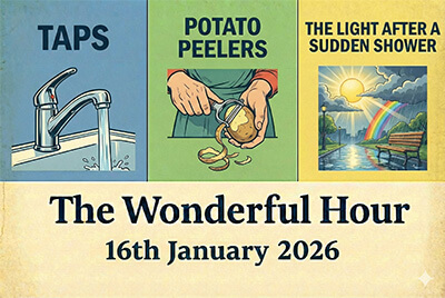 Cartoon montage featuring the light after a sudden shower, potato peelers, box of chocolates, taps, hats, street lights, noticing little things, and more