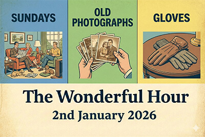 Cartoon montage featuring Sundays, old photographs, gloves, David Attenborough, and more