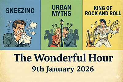 Cartoon montage featuring sneezing, urban myths, Elvis, stationery knickknacks, clothing brochures, apples, recreational furniture, and more